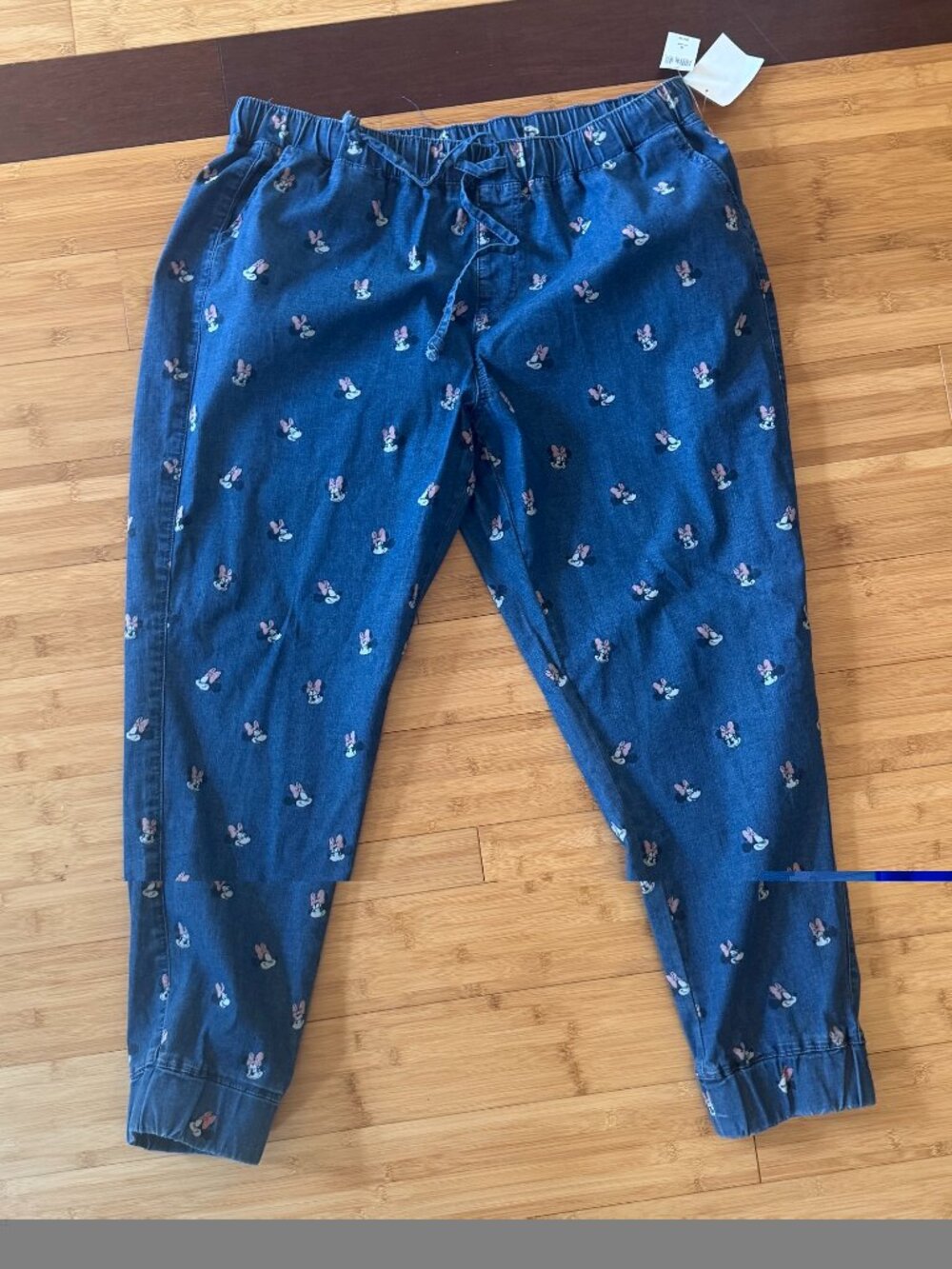 Disney Parks NWT Minnie Mouse Face Denim Jean Joggers Blue Pink Bow Pull On XL
